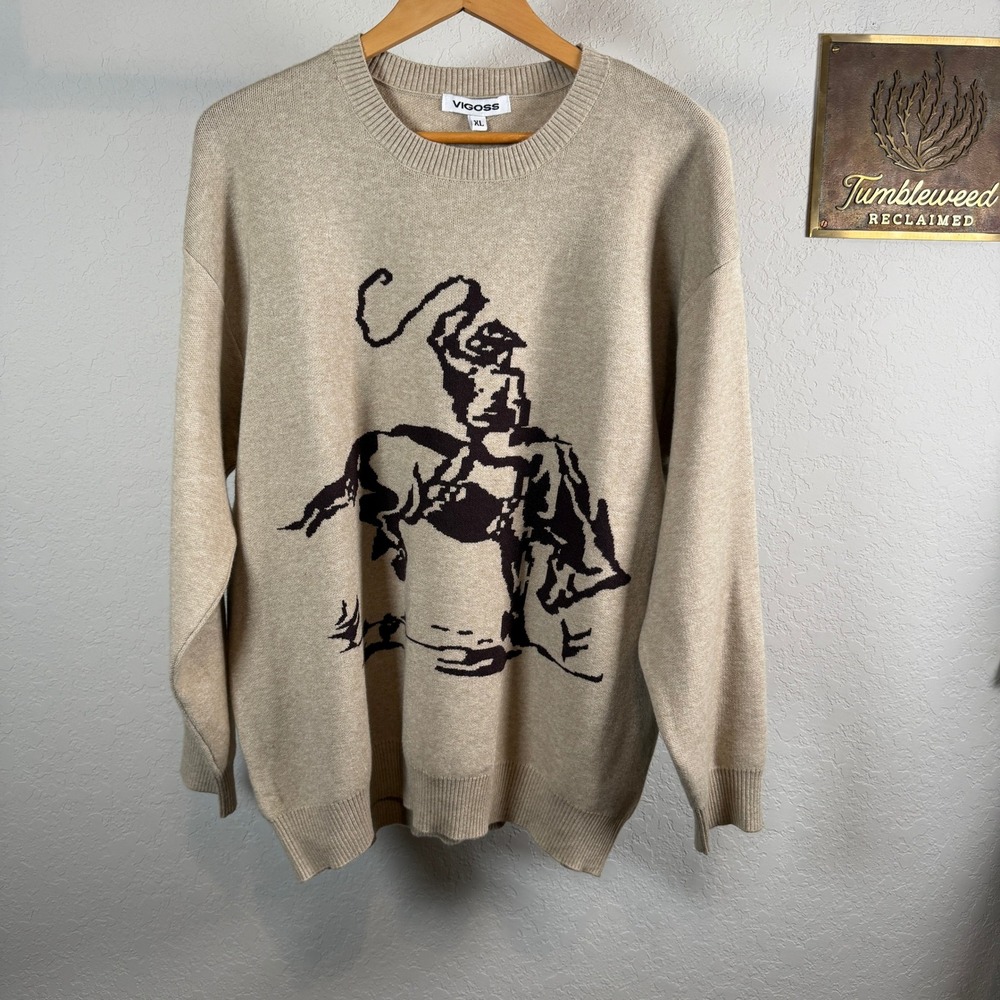 Vigoss Womens XL Cowboy Bronco Graphic Sweater Oatmeal Tan Brown Relaxed